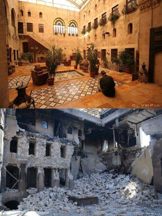 Aleppo, Siria. Foto del interior de un edificio antes y después d ela guerra