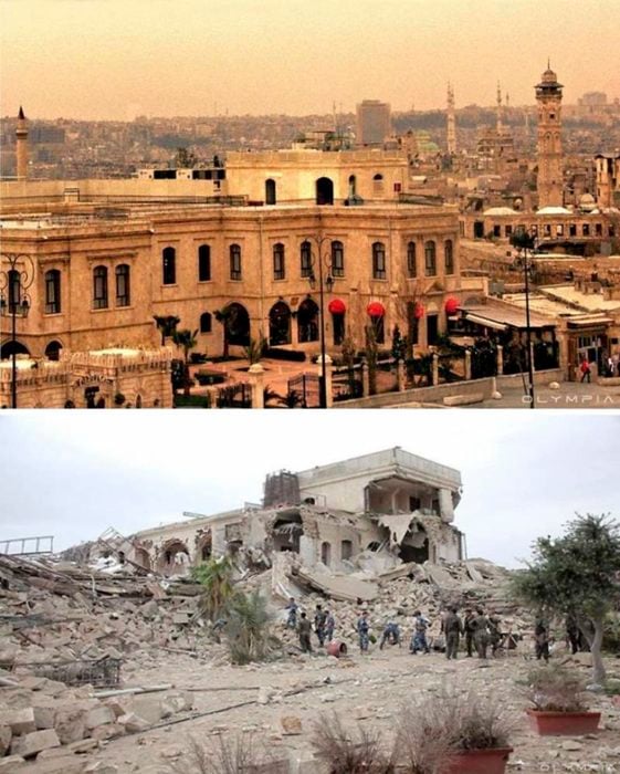 Aleppo, Siria . foto de un edificio antes y después de la guerra