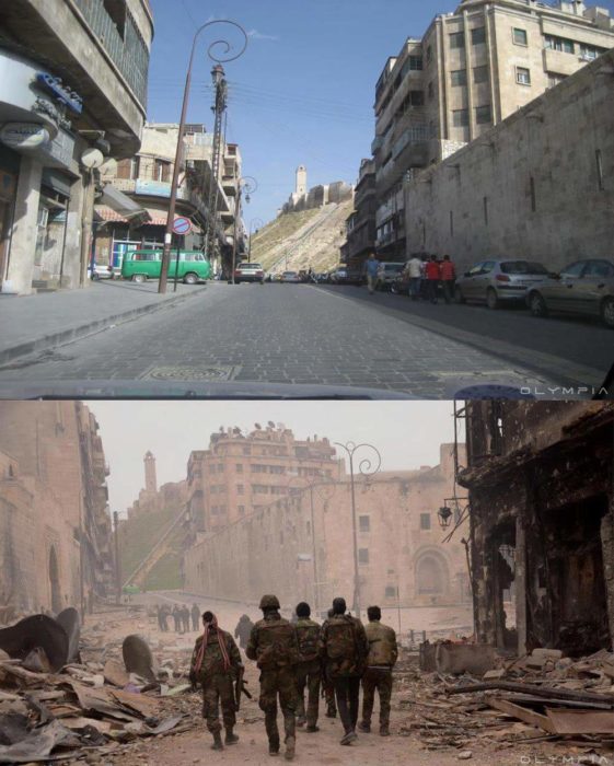 Aleppo, Siria. foto en la calle antes y después de la guerra