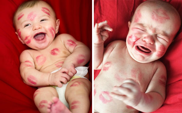 bebé todo pintado de besos rojos