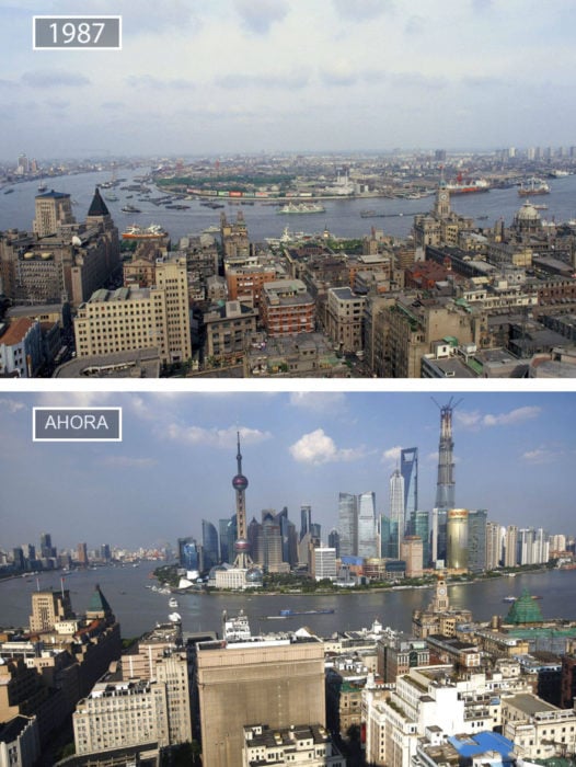 Foto de Shangai en 1987 y ahora