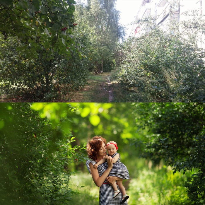 mujer con bebé en un paisaje verde