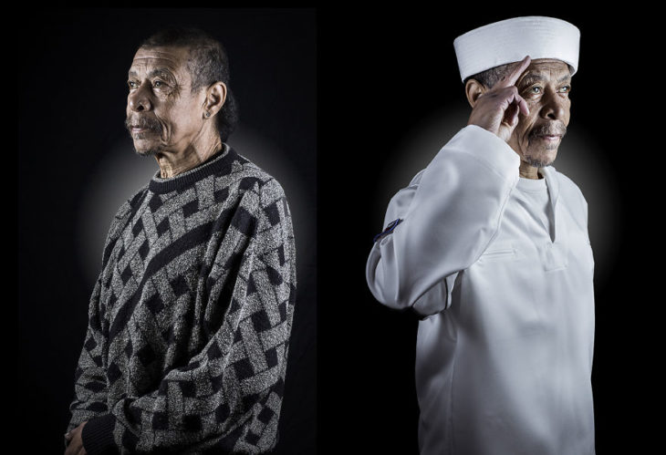 hombre con sueter, de lado mismo hombre vestido de marinero