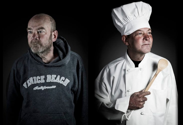 hombre de la calle, de lado mismo hombre vestido como un chef