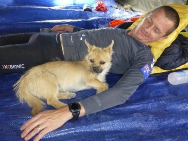 Cachorrita acostada junto a maratonista mientras descansan