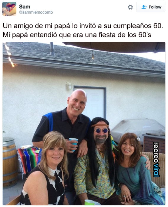 Papa se disfraza de los 60's para fiesta. No era de disfraces