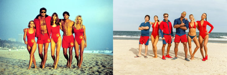 Foto del elenco de Baywatch en los 90's y foto del elenco de la película de Baywatch en 2017