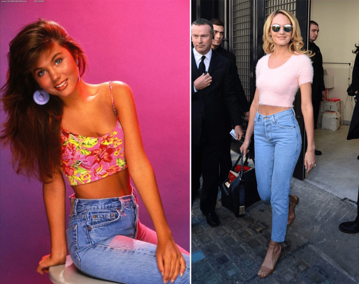 Foto uno de los 90's con tiffany amber usando pantalones a la cadera y un crop top, y en la otra una modelo ahora en 2016 usando el mismo estilo