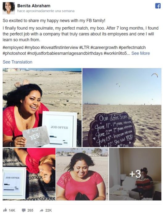 Post en facebook en el que Benita Abraham anuncio su compromiso con su nuevo trabajo