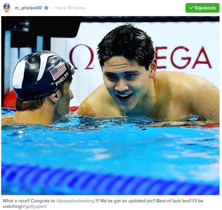 Tuit de Michael Phelps felicitando a Schooling