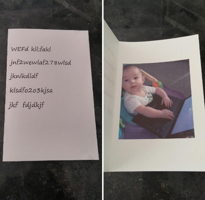 tarjeta de felicitación escrita por un bebé