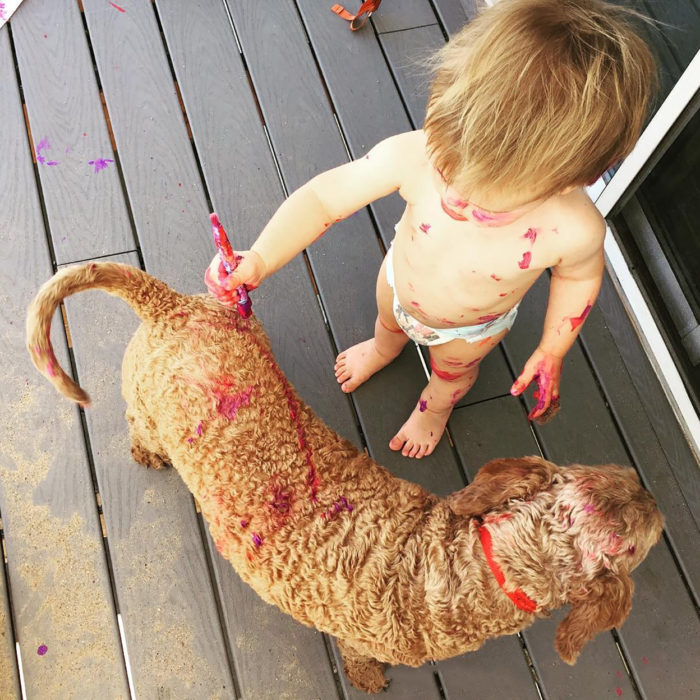 niño pintando a un perro