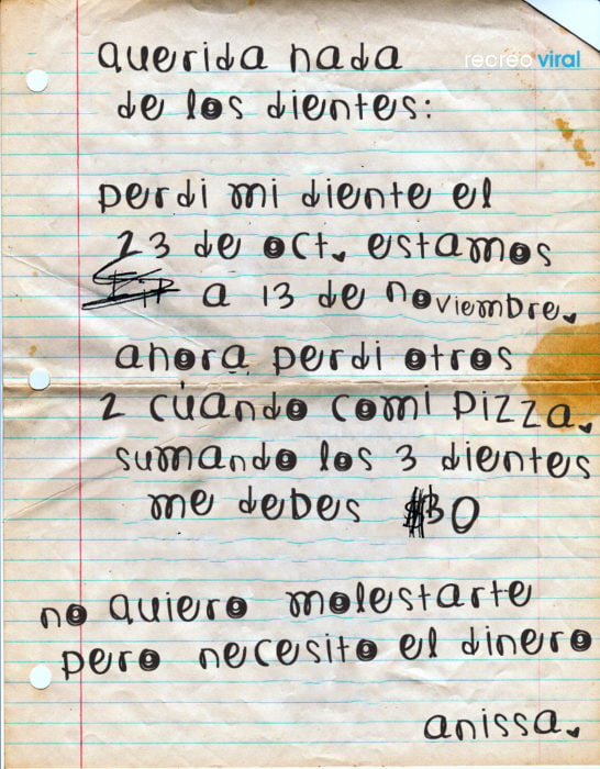 Mensaje de niña a su hada de los dientes