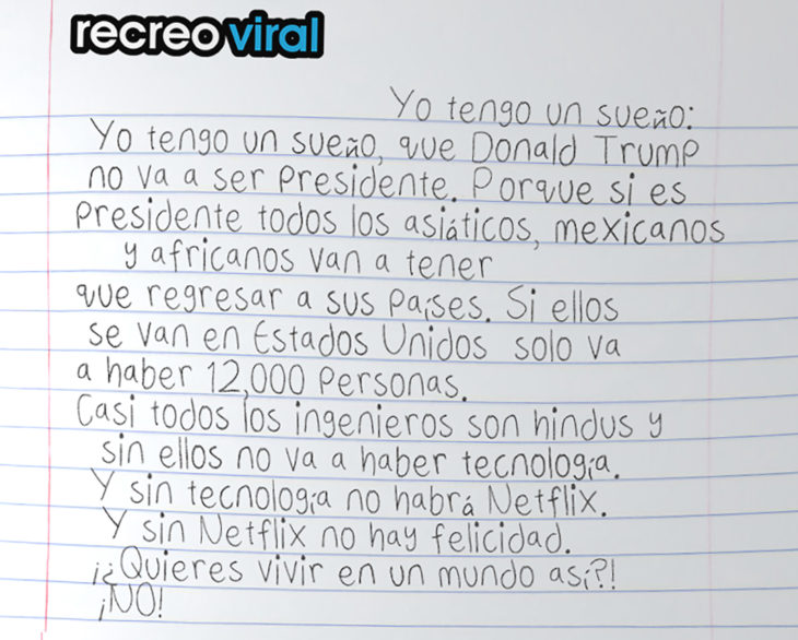 carta de niño que no quiere que donald trump sea presidente