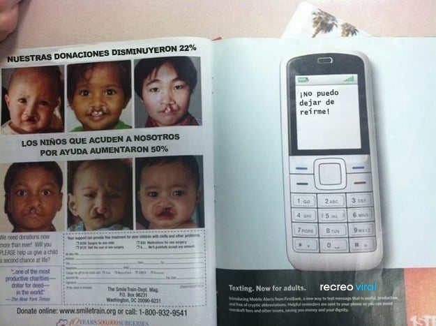 Artículo de niños con labio leporino, al lado una publicidad que dice no puedo dejar de reírme