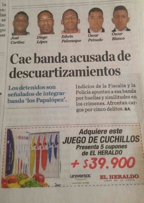 Fail publicidad de juego de cuchillos abajo de una nota de una banda que descuartizaba a sus víctimas