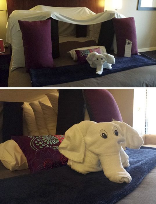 Peticiones absurdas hoteles - un fuerte de almohadas y una toalla con forma de elefante