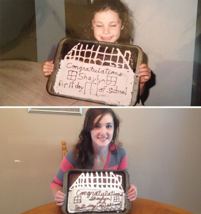 Niña con su pastel por su primer día de clases, adolescente con su pastel por su último día de clases