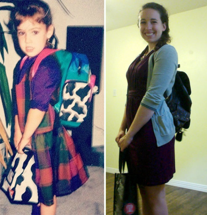 Primer día de clases niña va a kinder con su mochila, y 13 años después va con su mochila a su último día de clases
