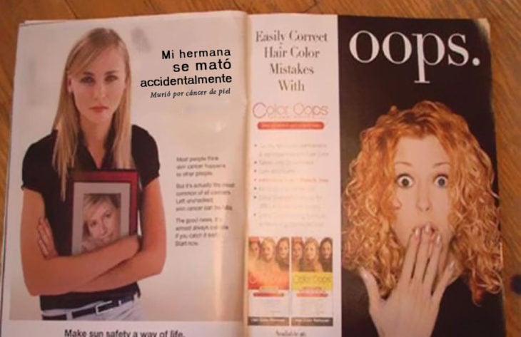 Artículo de revista de mujer que murió por cáncer de piel y al lado una mujer con expresion de sorpresa y el texto OOPS