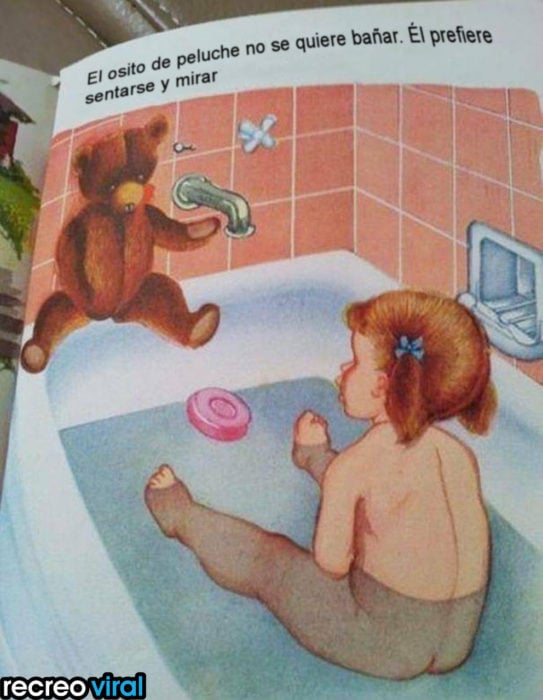 ilustración de una niña en la bañera y un oso de peluche