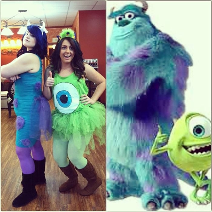 amigas disfrazadas de Mike y Sullivan de Monsters Inc.