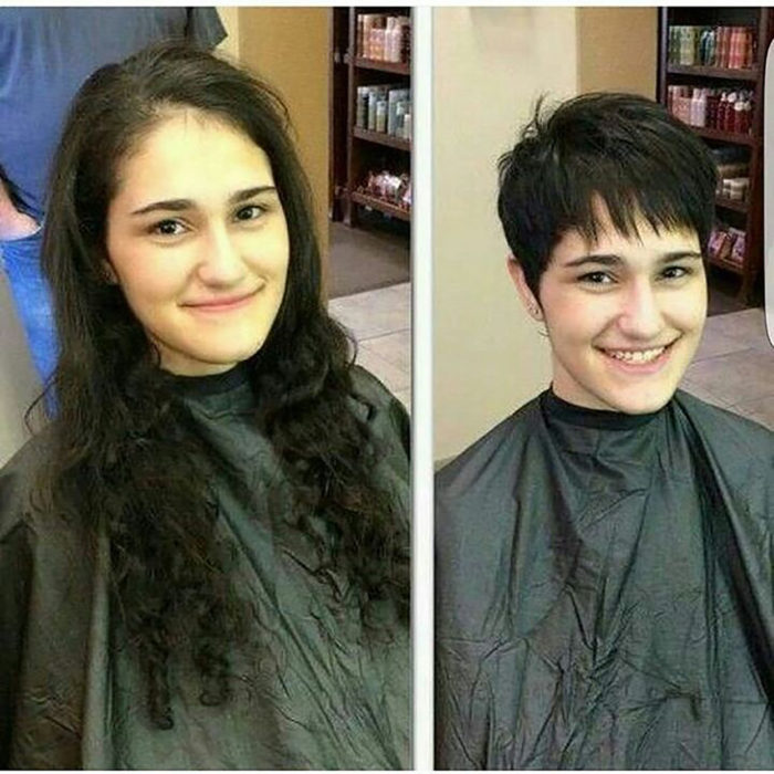 muchacha antes y después de cortarse el pelo muy corto