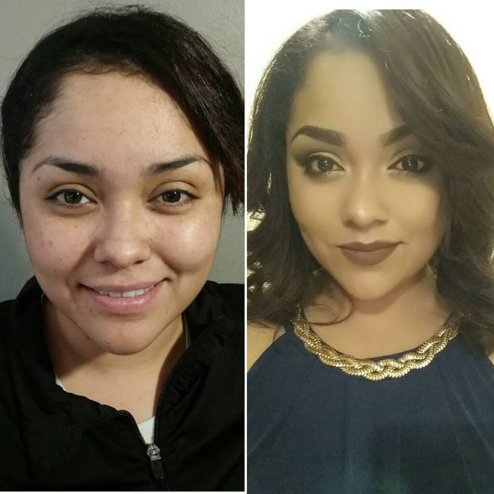 muchacha de cabello engro antes y después de maquillarse