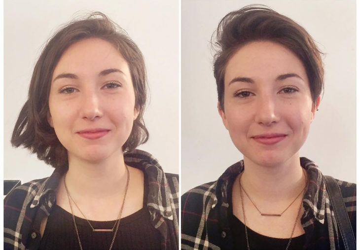 mujer com camisa a cuadros antes y después de cortarse el pelo