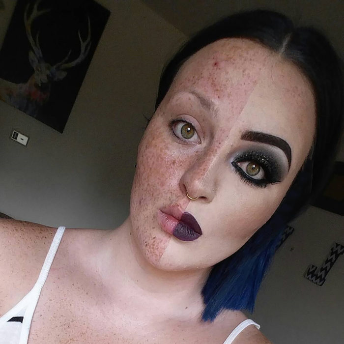 chica con la mitad de la cara sin maquillaje y la otra mitad muy maquillada.