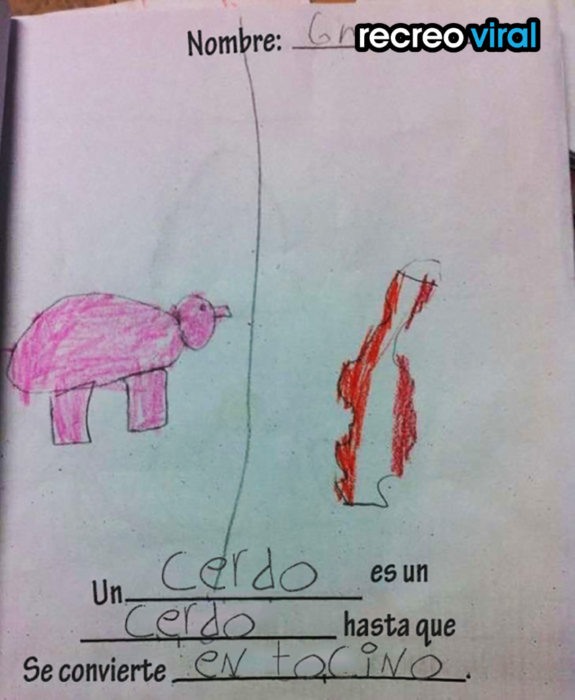 imagen de cerdo y tocino dibujada por un niño