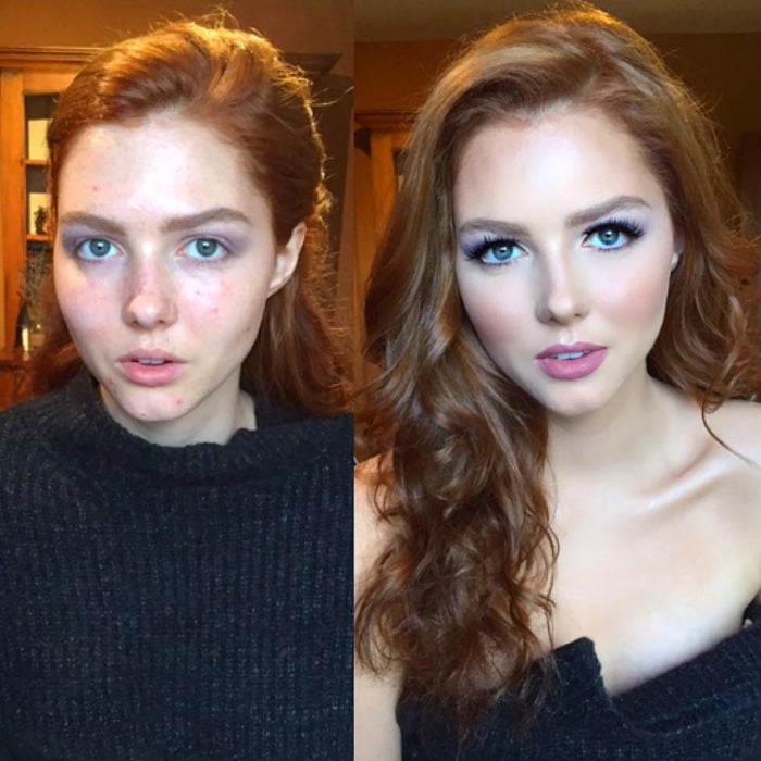 chica peliroja antes y después de maquillarse