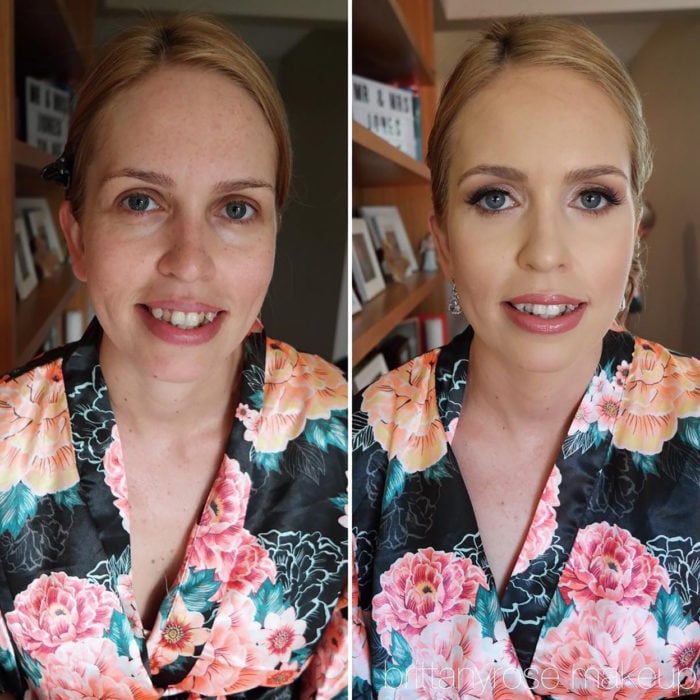 mujer de ojos azules antes y después de maquillarse