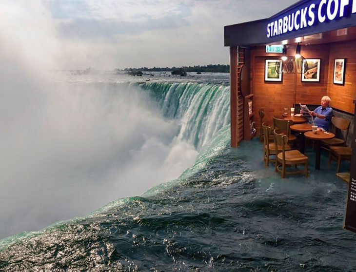 señor en starbucks inundado editado en una catarata