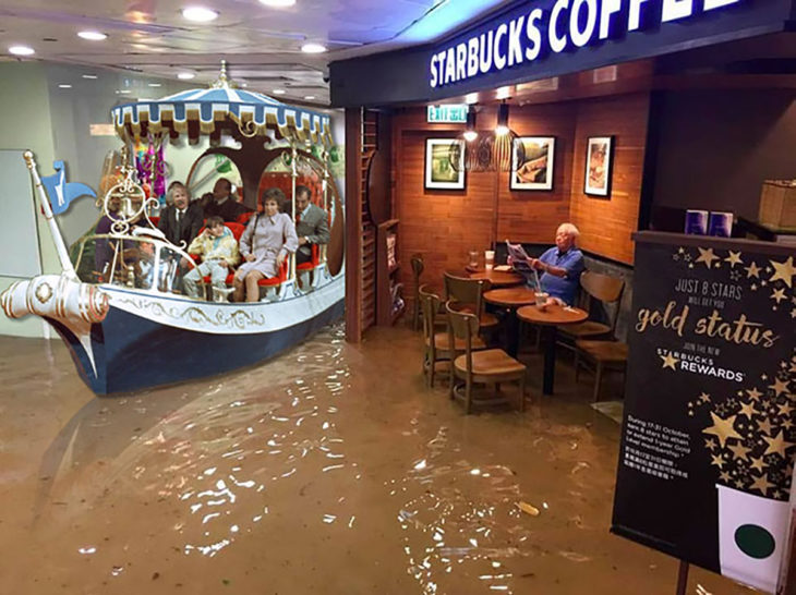 señor en starbucks inundado y un barco con gente