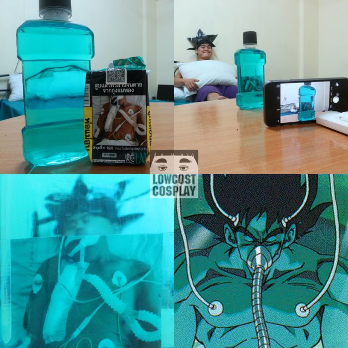 disfraz de goku utilizando enjuague bucal y caja de cigarrillos 