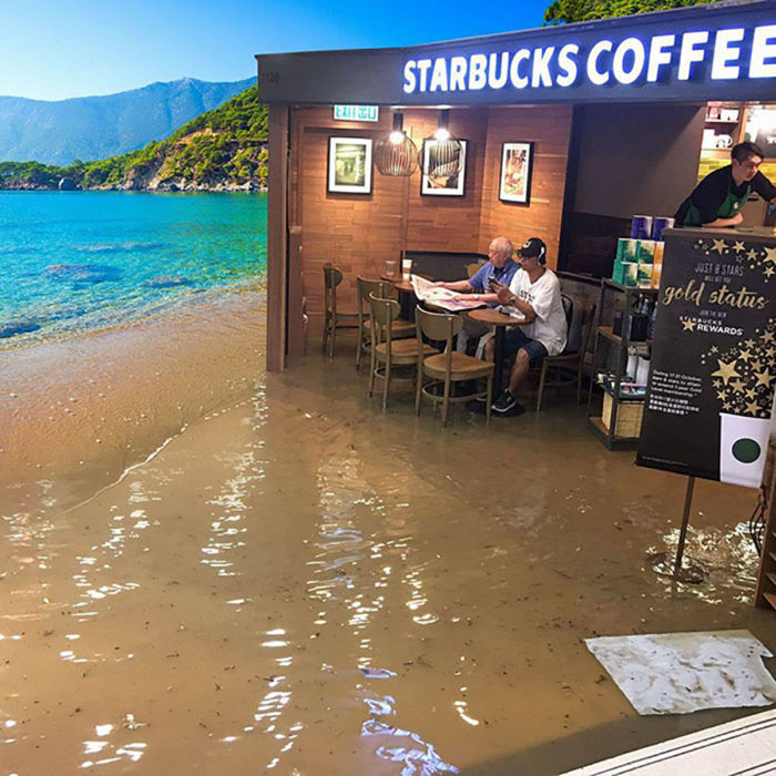 señor en starbucks inundado editado en la playa