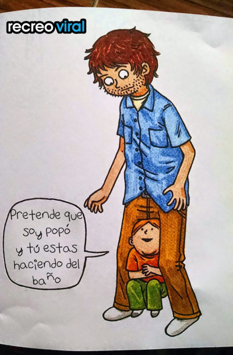 libro, niño entre las piernas de papá