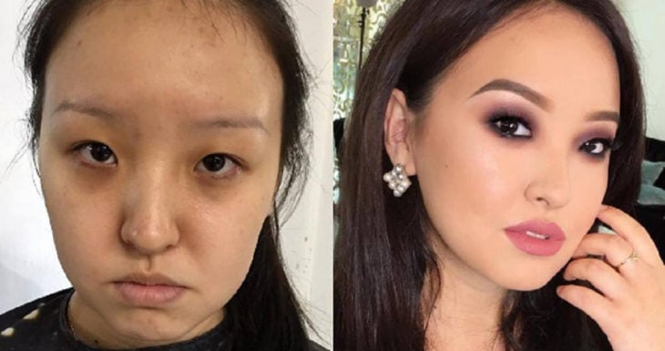 muchacha asiática cambio de imagen con maquillaje