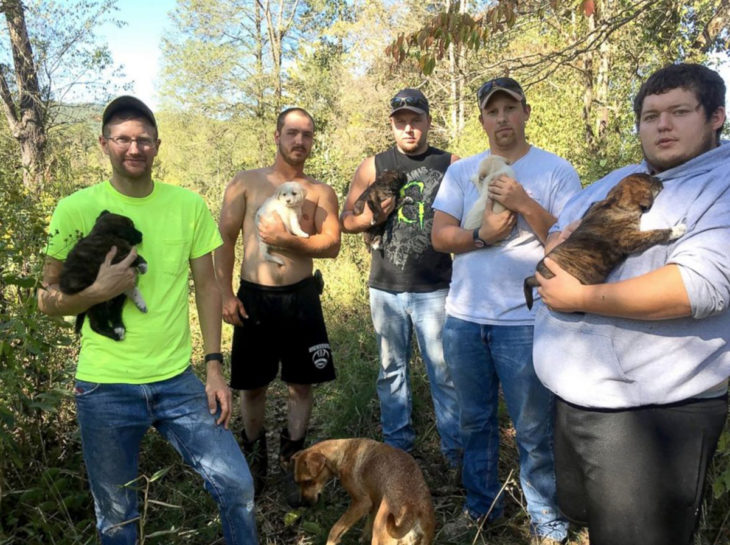 hombres en el bosque cargando perritos