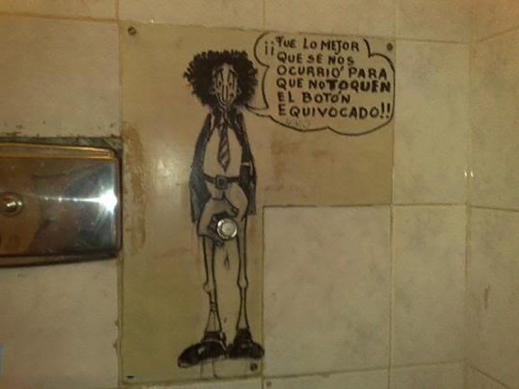 dibujo de un muchacho a plumón en un baño