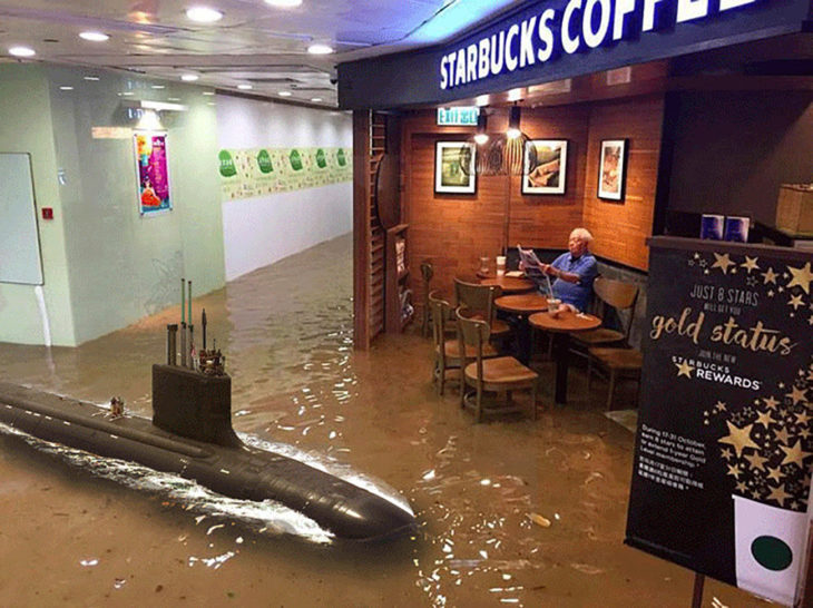 señor en starbucks inundado editado con un submarino