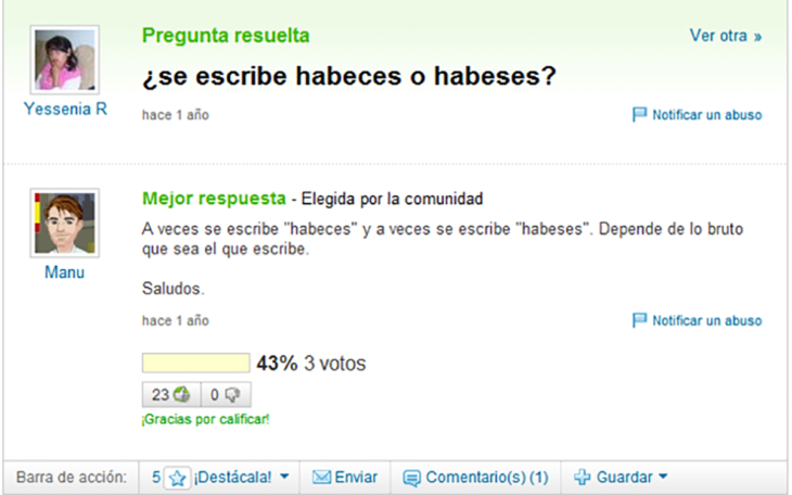 pregunta se escribe habeces o habeses en yahoo respuestas