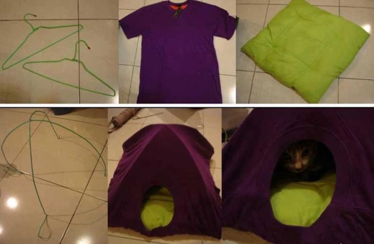 casa de gato con unos ganchos y una playera