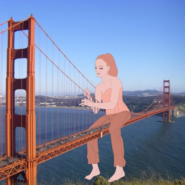 Ilustraciones Julia - Mujer tocando el arpa en el puente de San Francisco