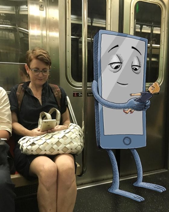 Ilustraciones metro - un monstruo de celular jugando con su persona