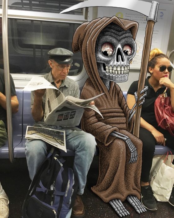 Ilustraciones metro - la muerte viendo el periodico del de al lado