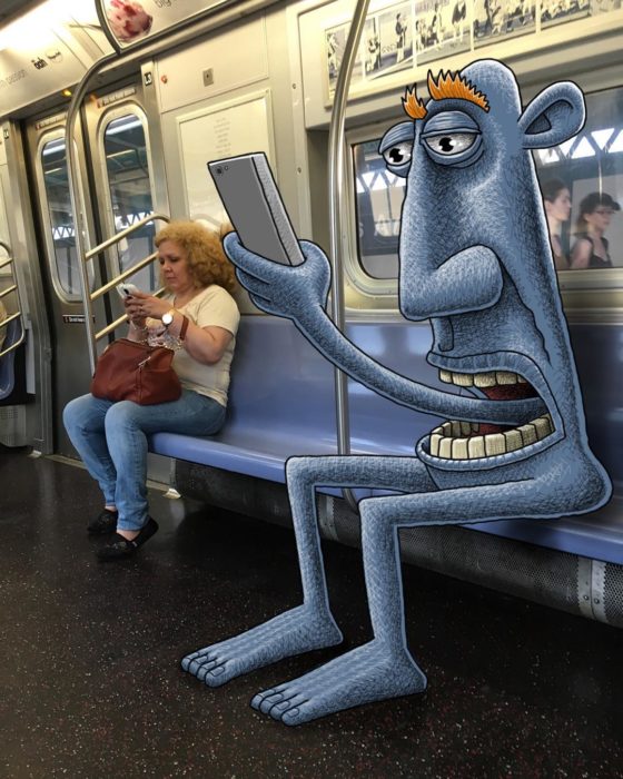Ilustraciones metro - monstruo con una mano en lugar de la lengua y con el celular
