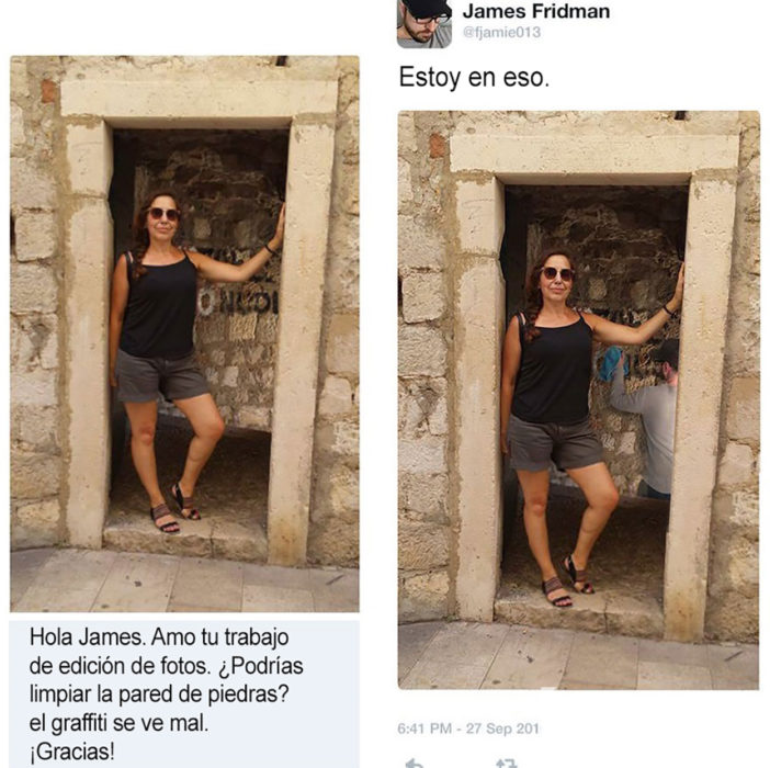 máster troll limpia la pared de una ruina a petición de una foto