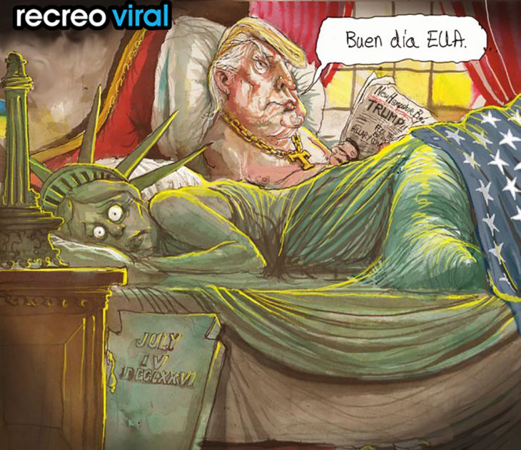 ilustración de la estatua de la libertad recostada al lado de donald trump